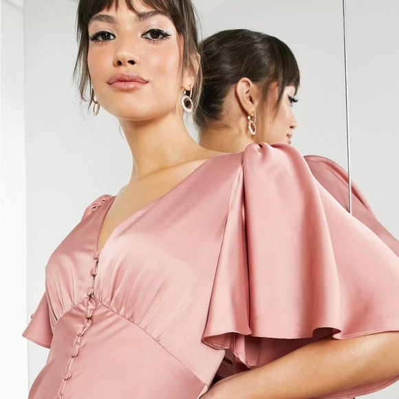 ASOS EDITION satin flutter sleeve maxi dress with button front in dusky rose - Picture 2 of 5